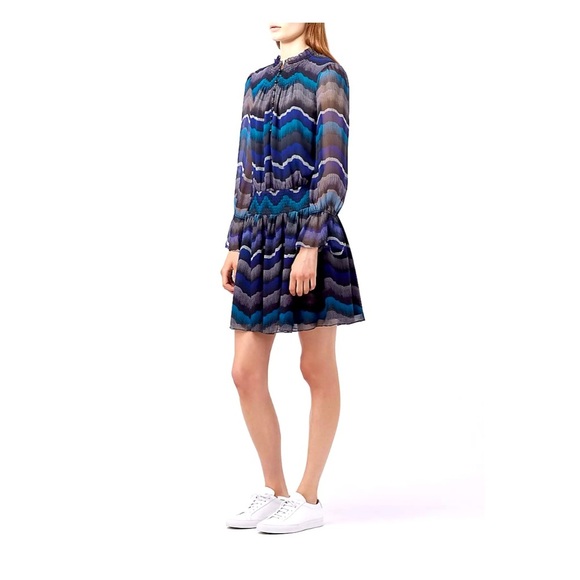 Diane Von Furstenburg Kelley Smocked Chiffon Silk Peacock Chevron Dress sz 12 - Picture 1 of 16
